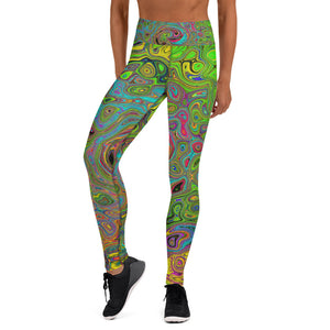 Yoga Leggings for Women, Groovy Abstract Retro Lime Green and Blue Swirl