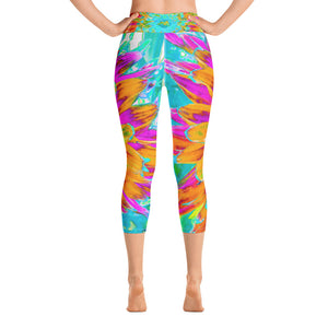 Capri Yoga Leggings, Tropical Orange and Hot Pink Decorative Dahlia