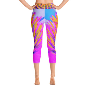 Yoga Capri Leggings, Abstract Macro Hot Pink and Yellow Coneflower