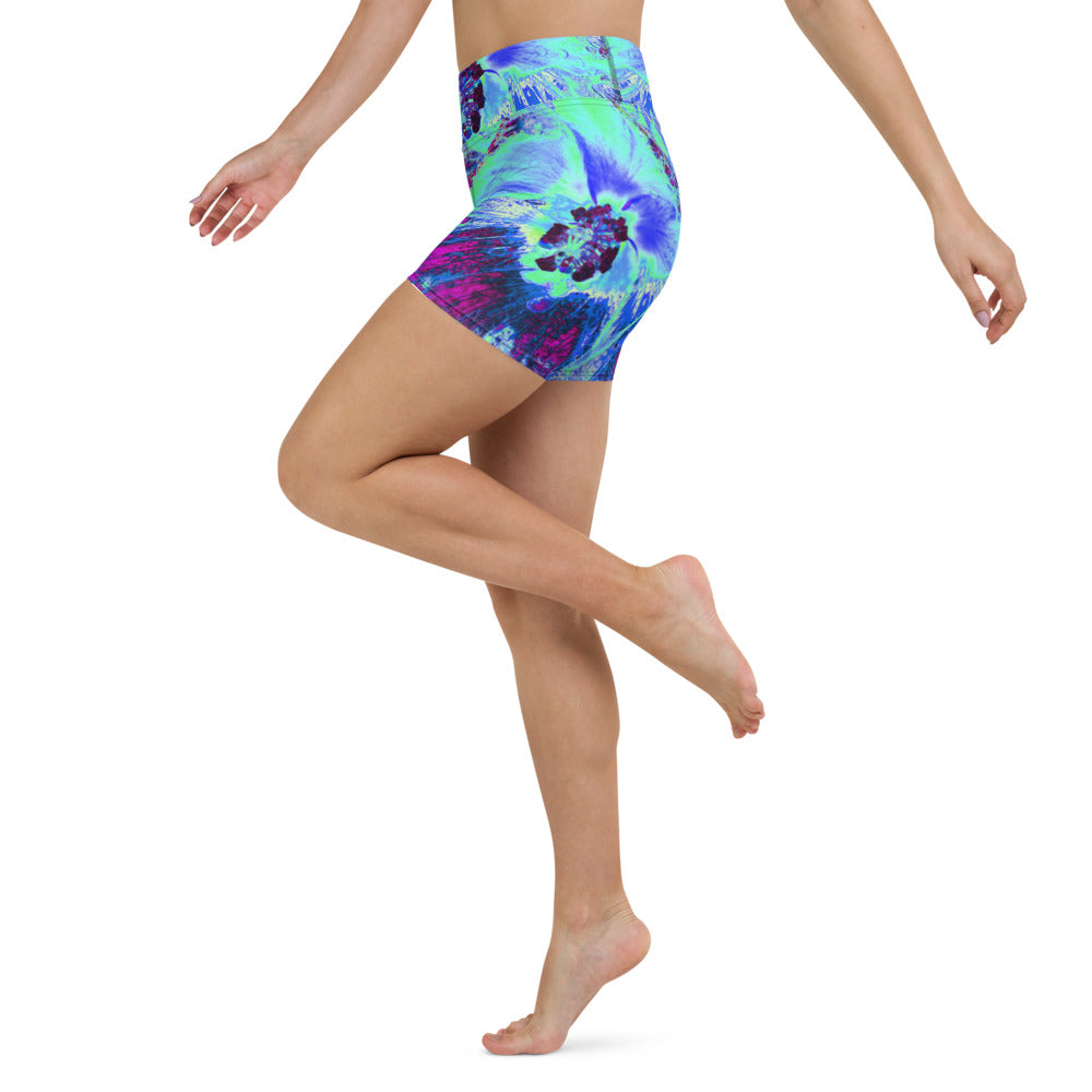 Yoga Shorts for Women, Psychedelic Retro Green and Blue Hibiscus Flower