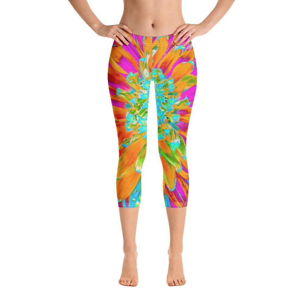 Capri Leggings, Tropical Orange and Hot Pink Decorative Dahlia