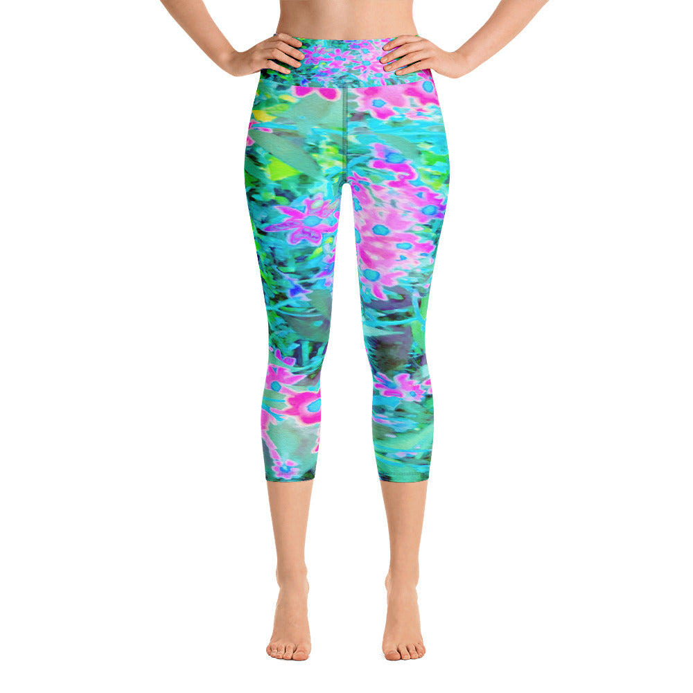 Yoga Capri Leggings, Pretty Magenta and Royal Blue Garden Flowers