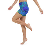 Yoga Shorts, Trippy Violet Blue Abstract Retro Liquid Swirl