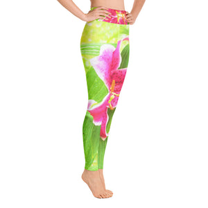 Yoga Leggings for Women, Pretty Deep Pink Stargazer Lily on Lime Green