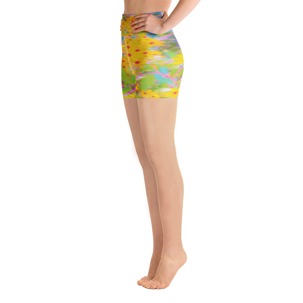 Yoga Shorts, Pretty Yellow and Red Flowers with Turquoise