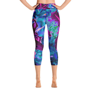 Capri Yoga Leggings, Purple and Hot Pink Abstract Oriental Lily Flowers