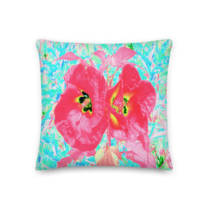 Decorative Throw Pillows, Two Rosy Red Coral Plum Crazy Hibiscus on Aqua, Square