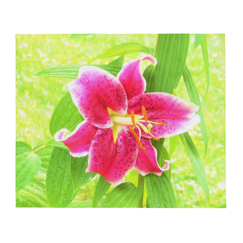 Throw Blankets, Pretty Deep Pink Stargazer Lily on Lime Green