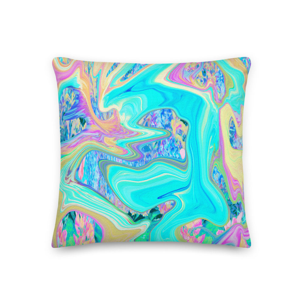 Decorative Throw Pillows, Retro Aqua Blue Liquid Art on Abstract Hydrangeas, Square