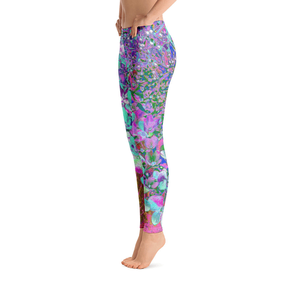 Leggings for Women, Elegant Aqua and Purple Limelight Hydrangea Detail