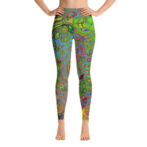 Yoga Leggings for Women, Groovy Abstract Retro Lime Green and Blue Swirl