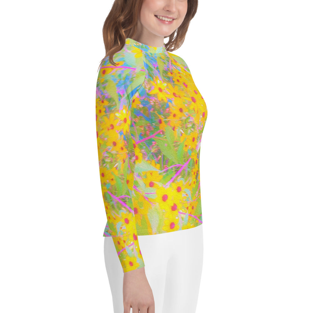 Youth Rash Guard Shirts, Pretty Yellow and Red Flowers with Turquoise
