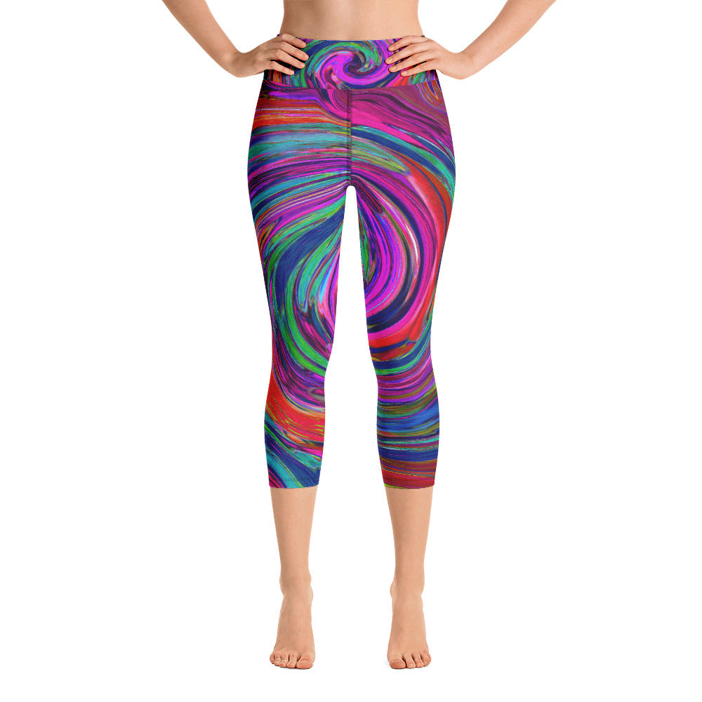 Capri Yoga Leggings, Groovy Abstract Retro Magenta Dark Rainbow Swirl