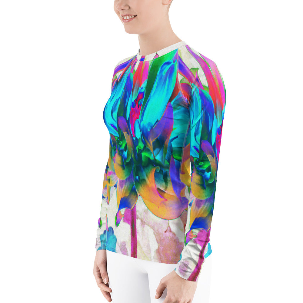 Women's Rash Guard Shirts, Stunning Watercolor Rainbow Cactus Dahlia