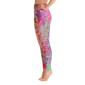 Yoga Leggings for Women, Psychedelic Retro Coral Rainbow Hibiscus
