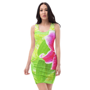 Bodycon Dresses for Women, Pretty Deep Pink Stargazer Lily on Lime Green