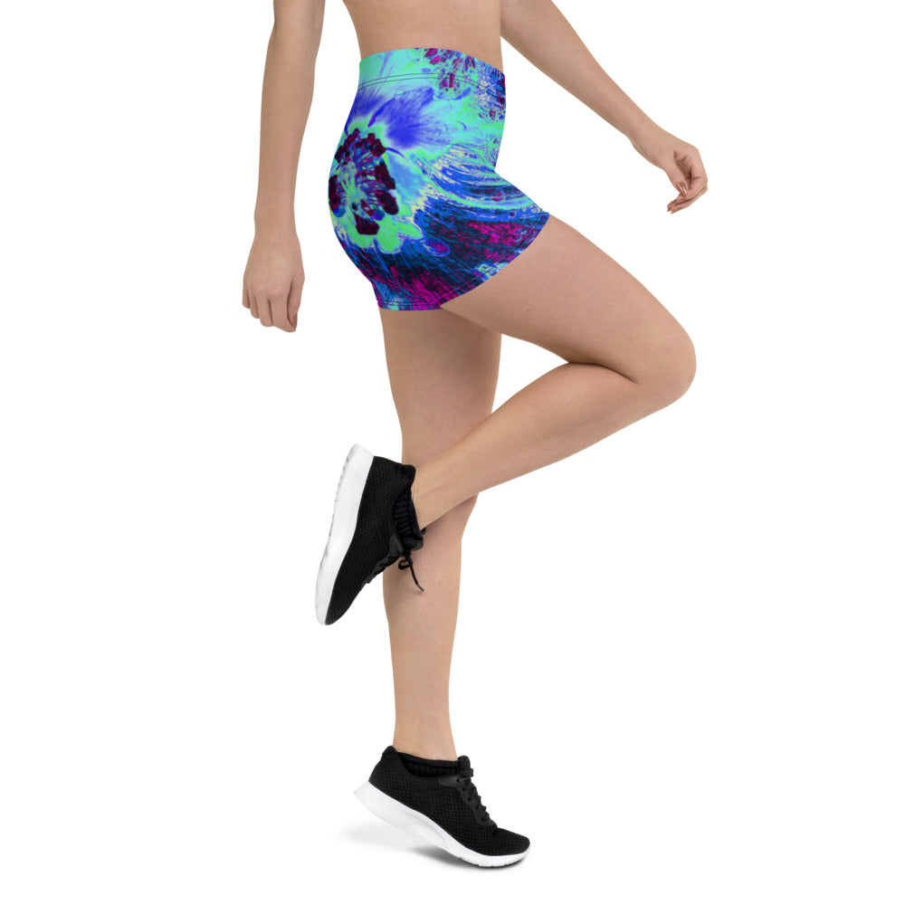 Spandex Shorts for Women, Psychedelic Retro Green and Blue Hibiscus Flower