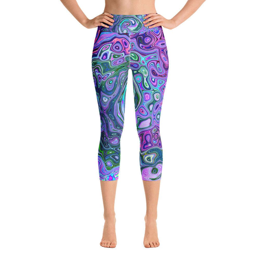 Capri Yoga Leggings, Groovy Abstract Retro Green and Purple Swirl – My ...
