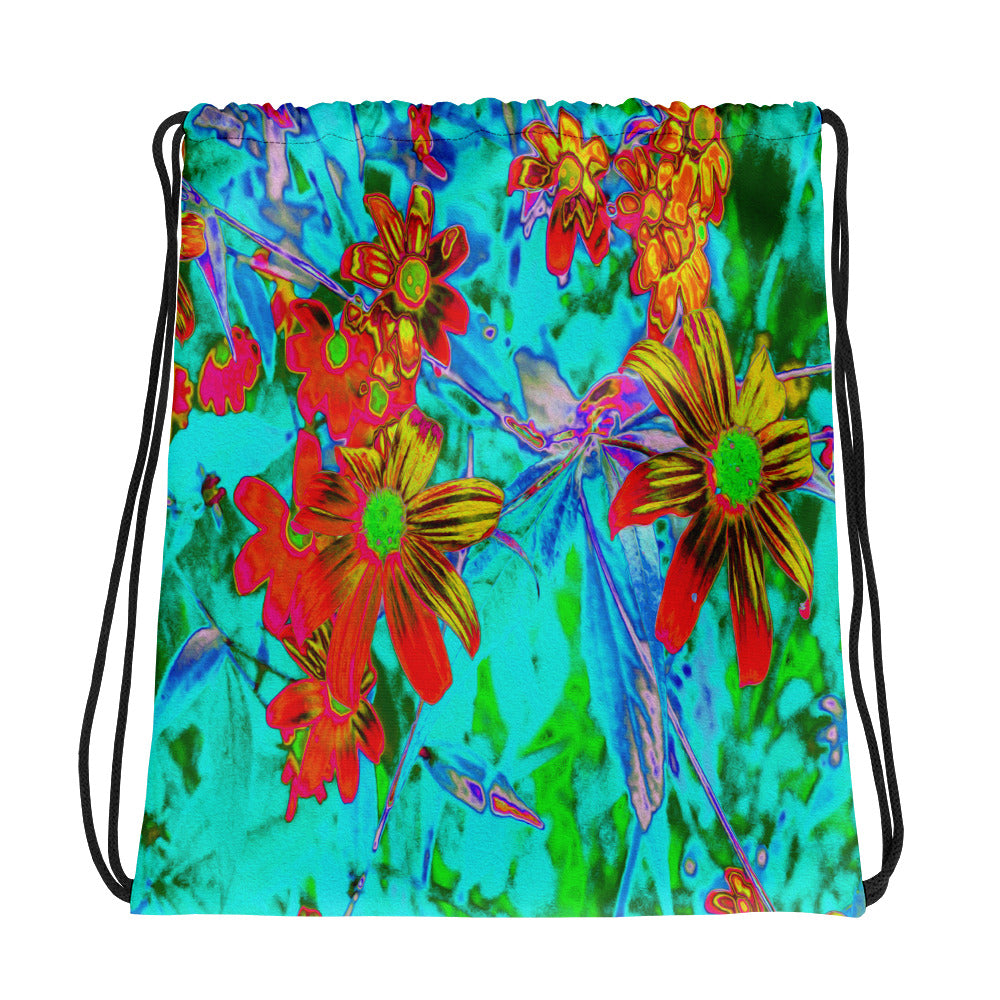 Drawstring Bags, Aqua Tropical with Yellow and Orange Flowers