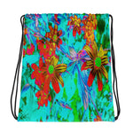 Drawstring Bags, Aqua Tropical with Yellow and Orange Flowers