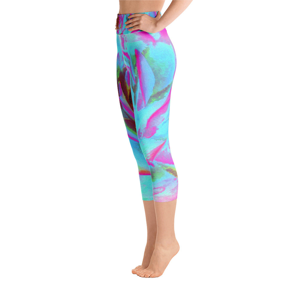 Yoga Capri Leggings, Hot Pink and Blue Succulent Sedum Detail