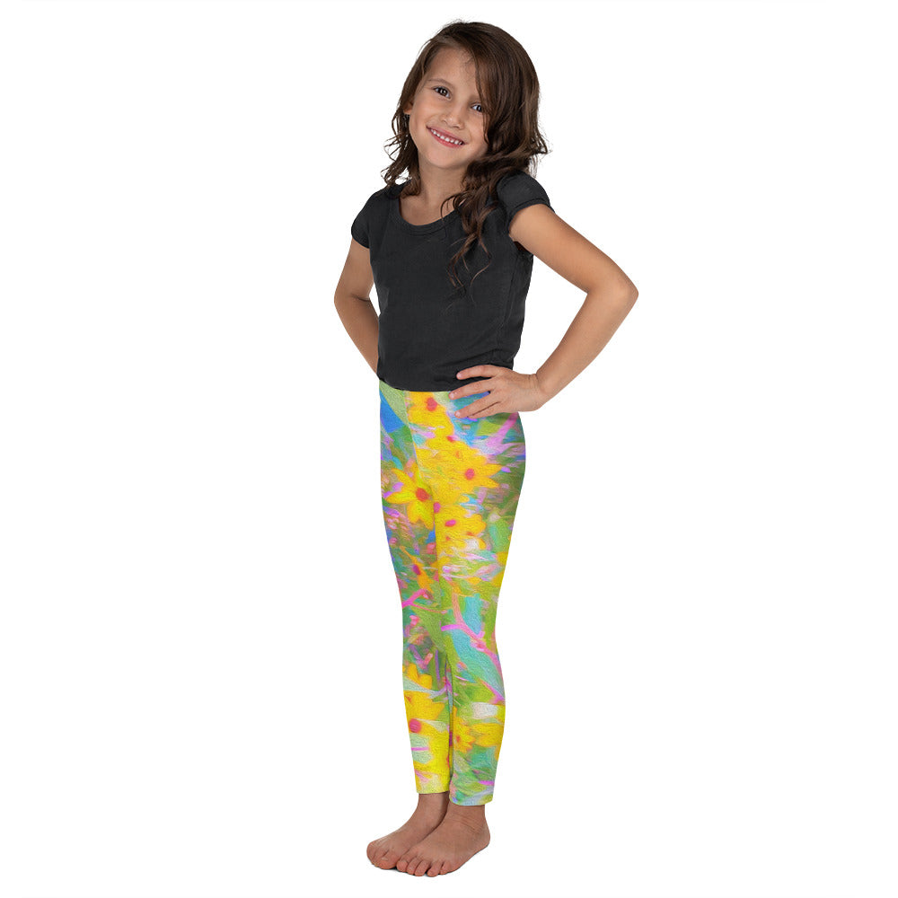 Kid's Leggings, Pretty Yellow and Red Flowers with Turquoise