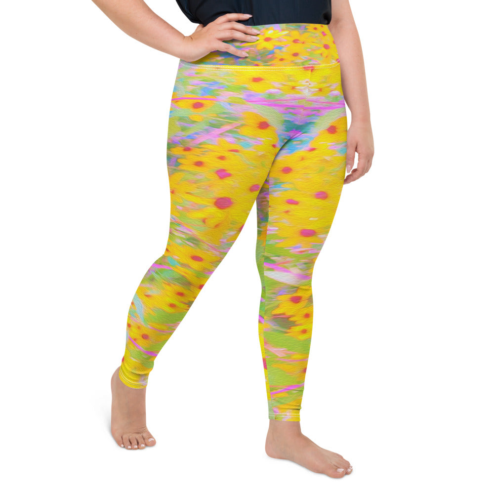 Plus Size Leggings, Pretty Yellow and Red Flowers with Turquoise