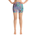 Yoga Shorts, Purple Garden with Psychedelic Aquamarine Flowers