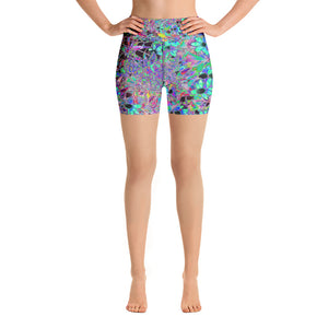 Yoga Shorts, Purple Garden with Psychedelic Aquamarine Flowers