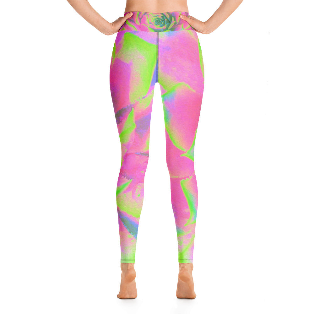 Yoga Leggings, Lime Green and Pink Succulent Sedum Rosette