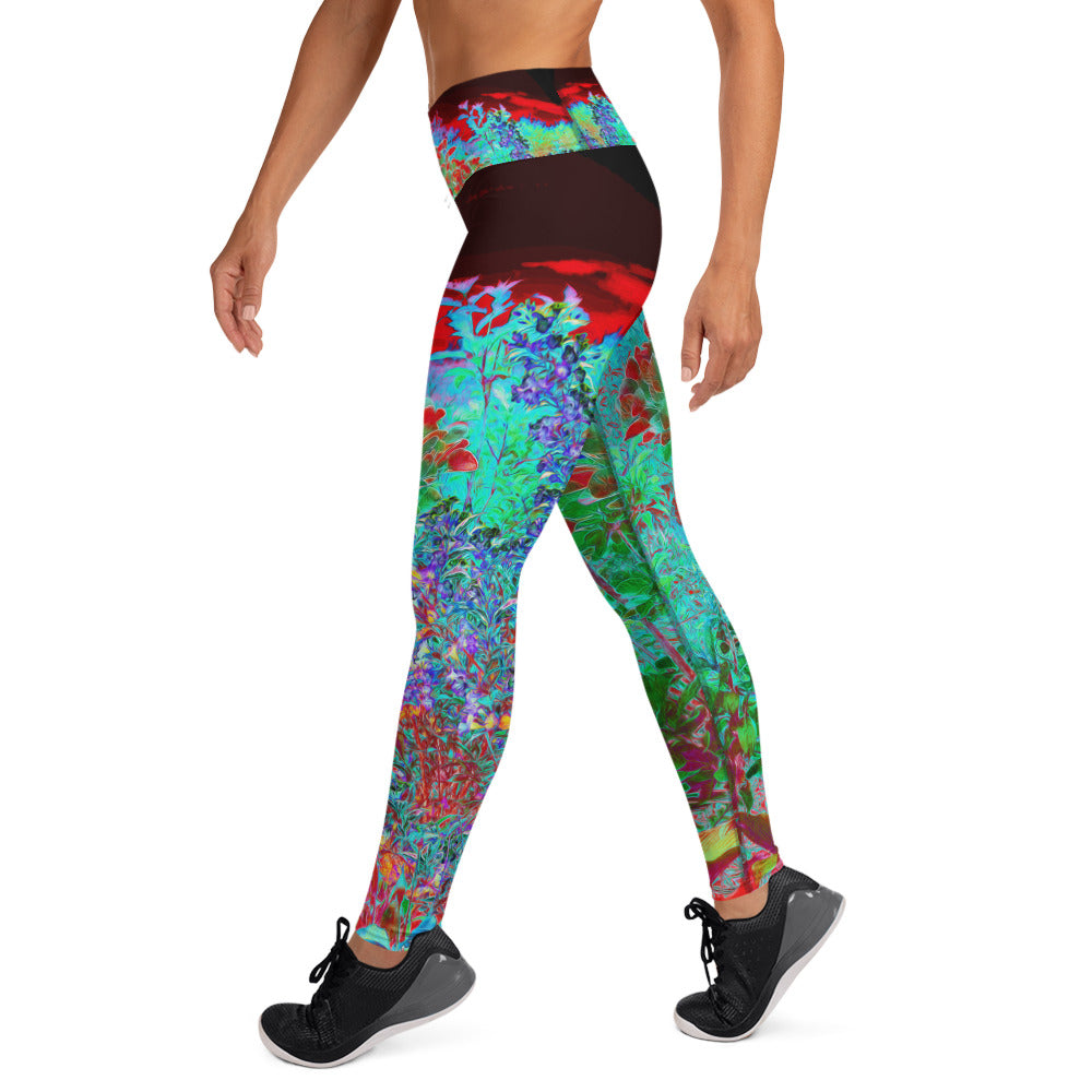 Yoga Leggings for Women, Colorful Abstract Foliage Garden with Crimson Sunset