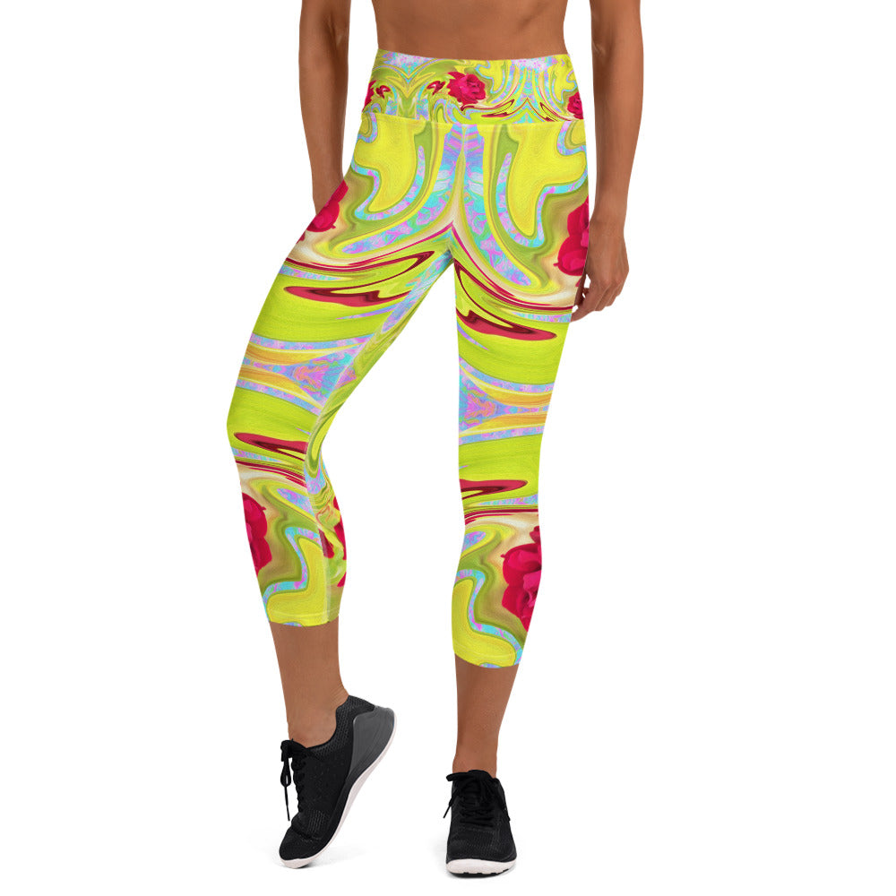 Yoga Capri Leggings, Painted Red Rose on Yellow and Blue Abstract