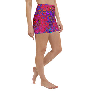 Yoga Shorts, Trippy Red and Purple Abstract Retro Liquid Swirl