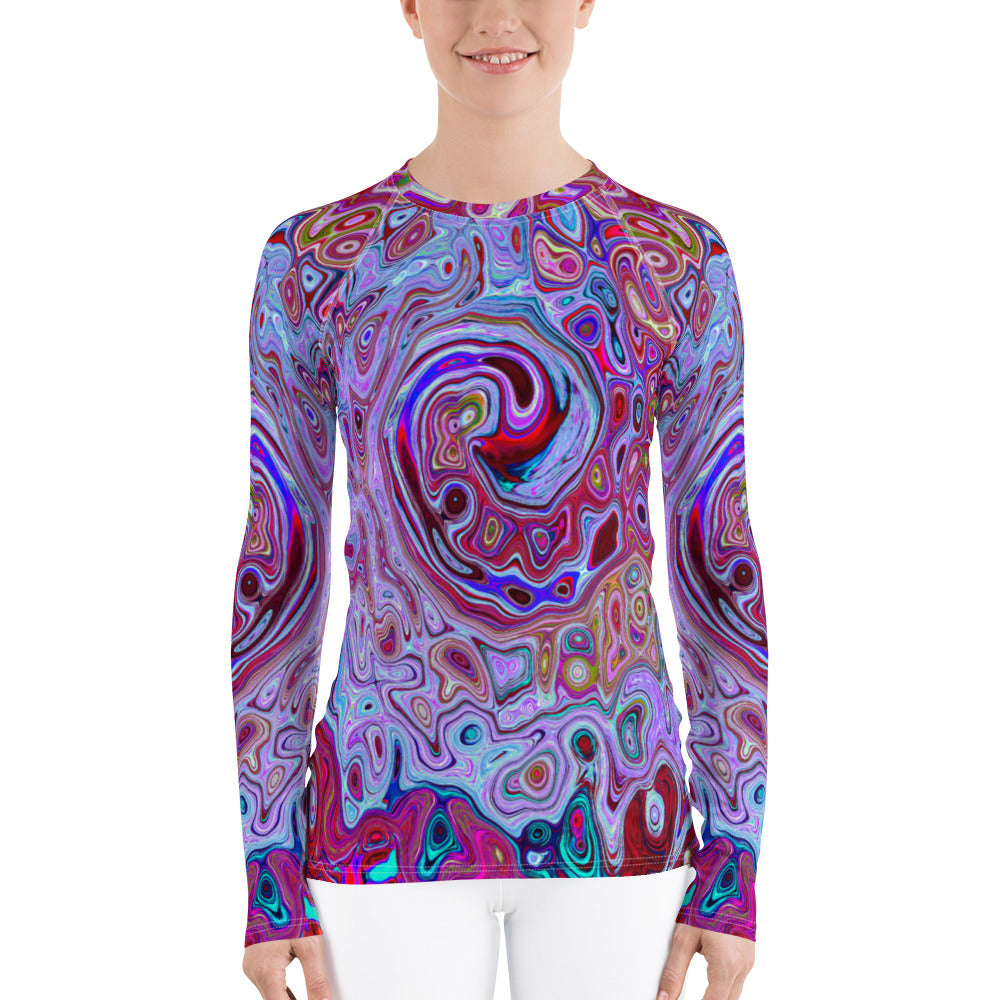 Women's Rash Guards, Retro Groovy Abstract Lavender and Magenta Swirl