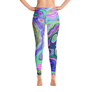 Leggings for Women, Groovy Abstract Aqua and Navy Lava Swirl
