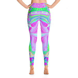 Yoga Leggings for Women, Groovy Aqua, Pink and Pastel Green Liquid Art