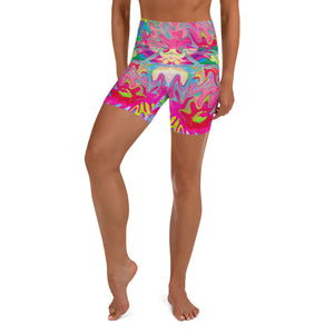 Yoga Shorts, Colorful Flower Garden Abstract Collage Pattern