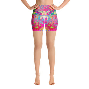 Yoga Shorts, Colorful Flower Garden Abstract Collage Pattern