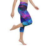 Capri Yoga Leggings, Impressionistic Dark Blue and Red Garden Landscape