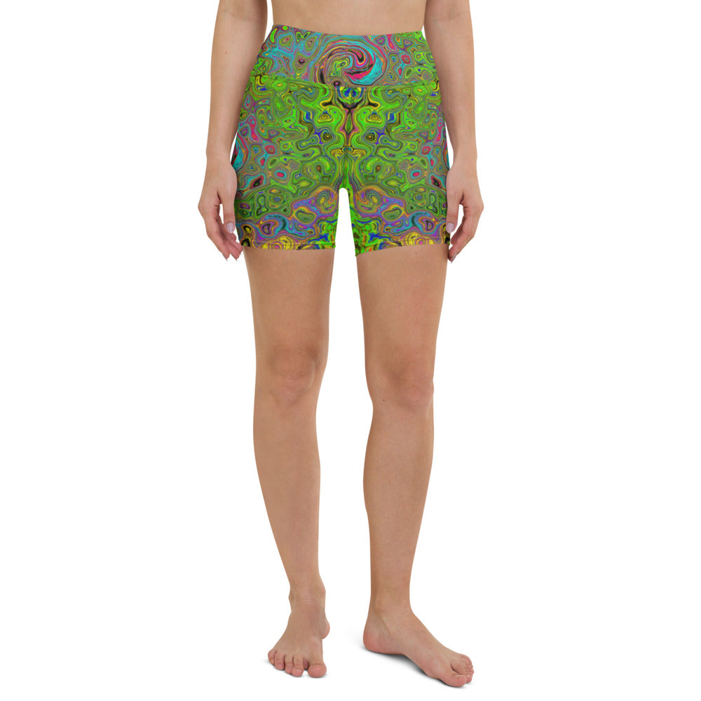 Yoga Shorts, Groovy Abstract Retro Lime Green and Blue Swirl