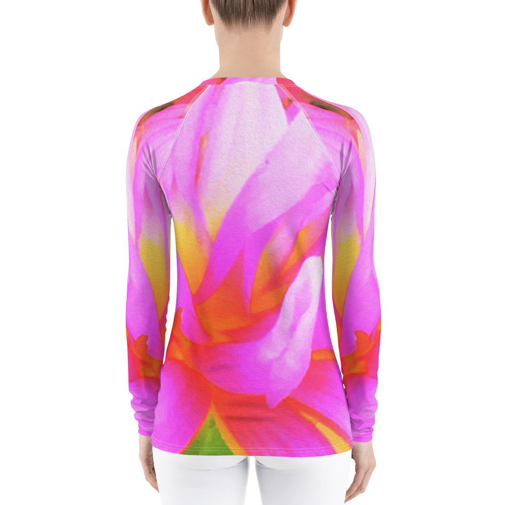 Women's Rash Guard, Fiery Hot Pink and Yellow Cactus Dahlia Flower