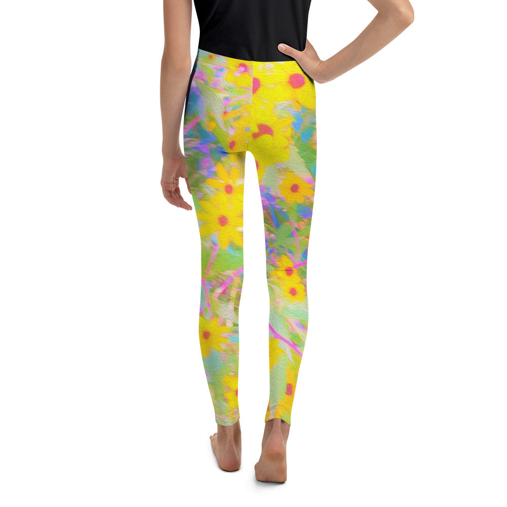 Youth Leggings, Pretty Yellow and Red Flowers with Turquoise