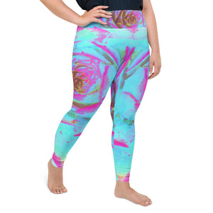 Plus Size Leggings, Hot Pink and Blue Succulent Sedum Rosette