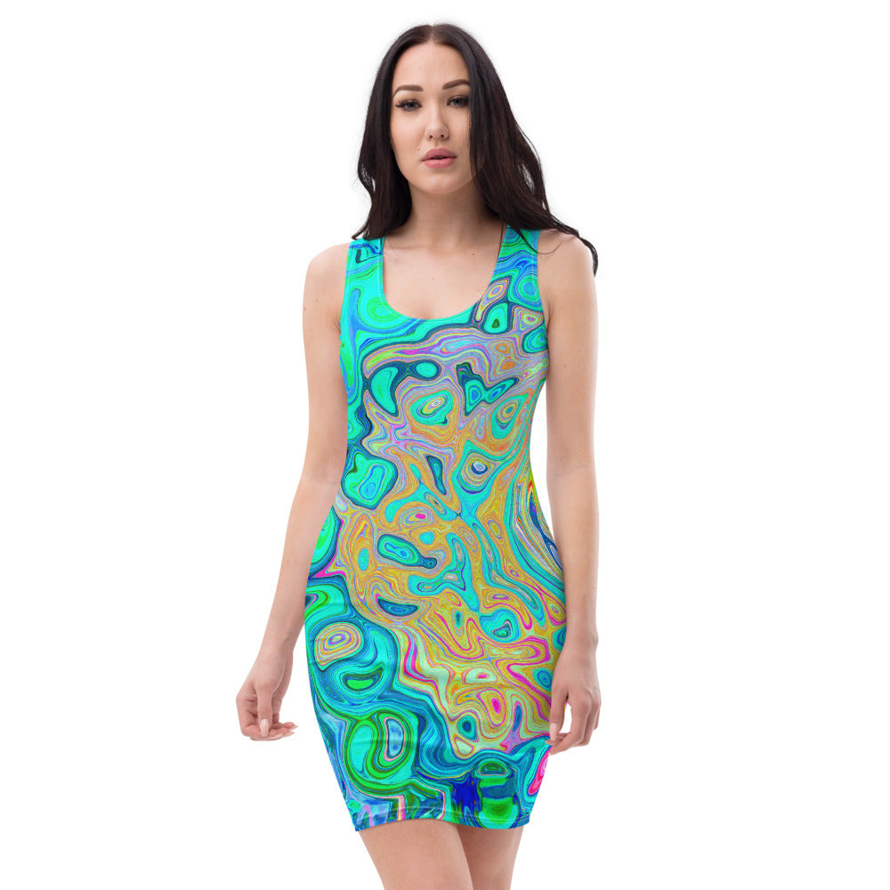 Bodycon Dress, Groovy Abstract Retro Rainbow Liquid Swirl