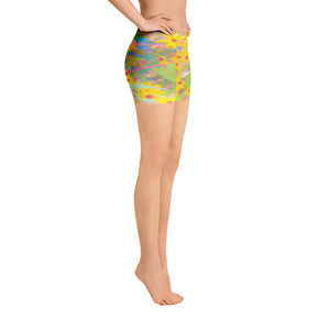 Spandex Shorts, Pretty Yellow and Red Flowers with Turquoise