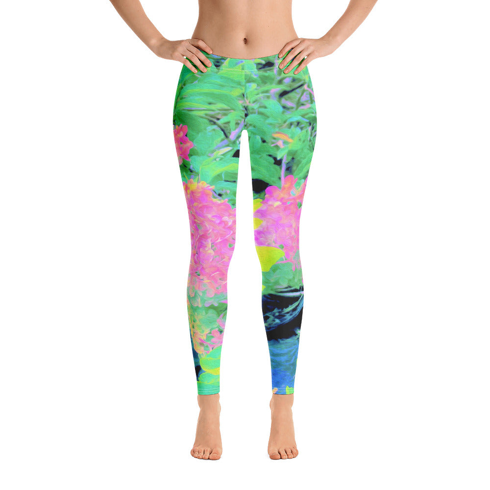 Leggings for Women, Pink Hydrangea Garden with Yellow Foliage