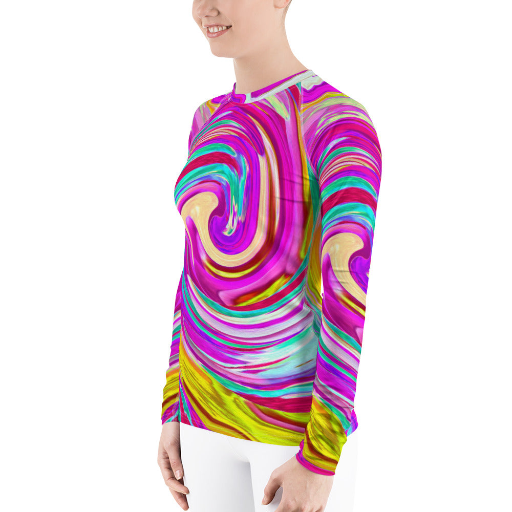 Women's Rash Guard Shirts, Colorful Fiesta Swirl Retro Abstract Design