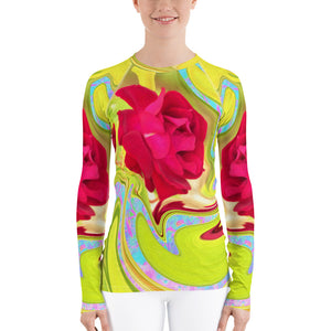 Women's Rash Guard, Painted Red Rose on Yellow and Blue Abstract