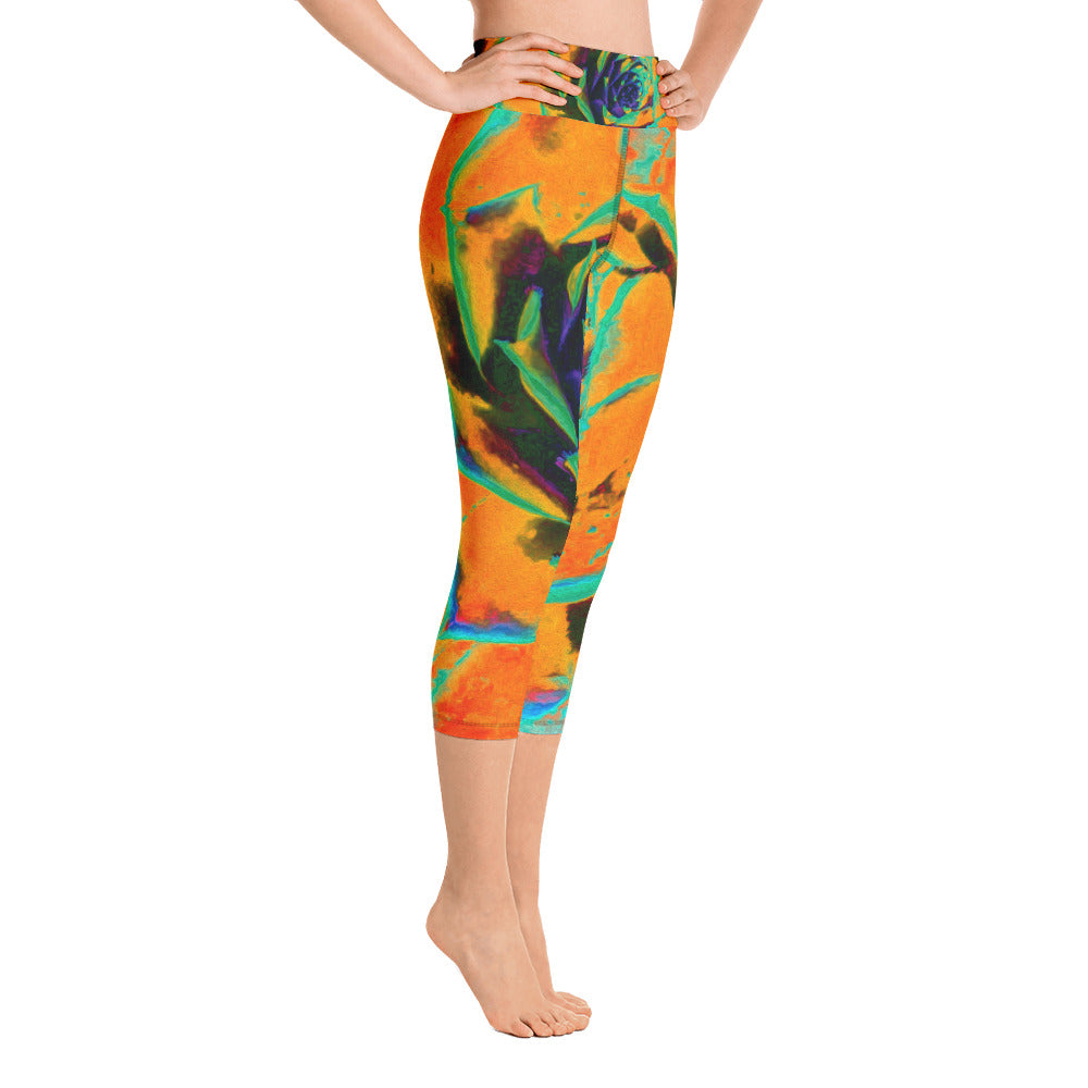 Capri Yoga Leggings, Aquamarine and Orange Succulent Sedum Rosette