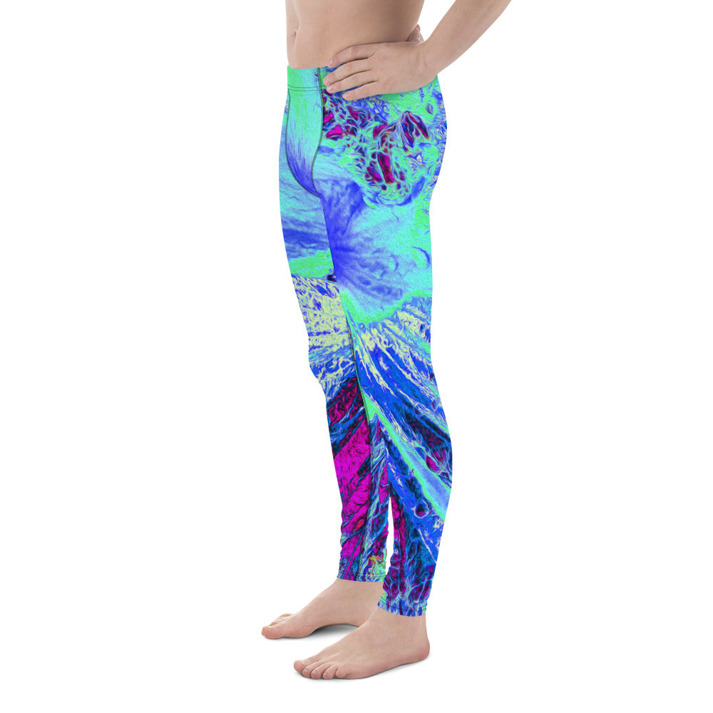 Men's Leggings, Psychedelic Retro Green and Blue Hibiscus Flower